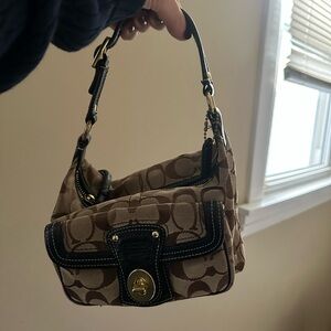 Coach Tan and Black Signature Shoulder Bag